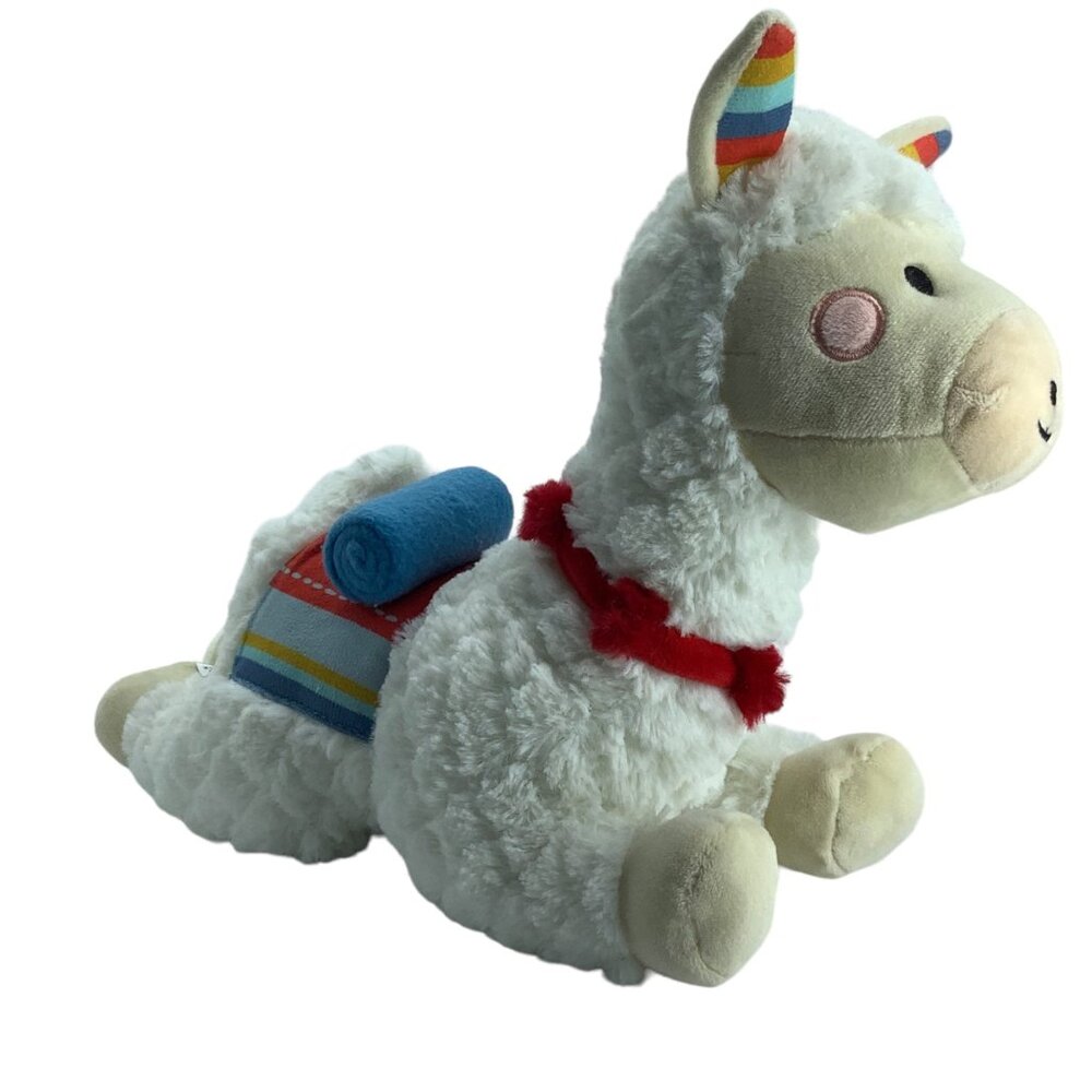 FAO Schwarz Llama Alpaca Plush Stuffed Animal Furry White Laying Rainbow Blanket